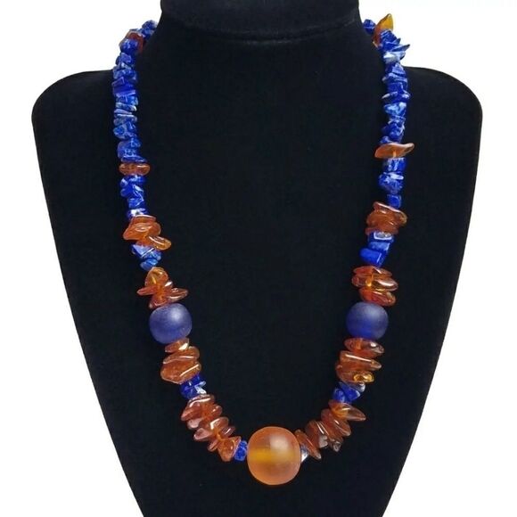Genuine Amber Lapis Lazuli Handmade Necklace